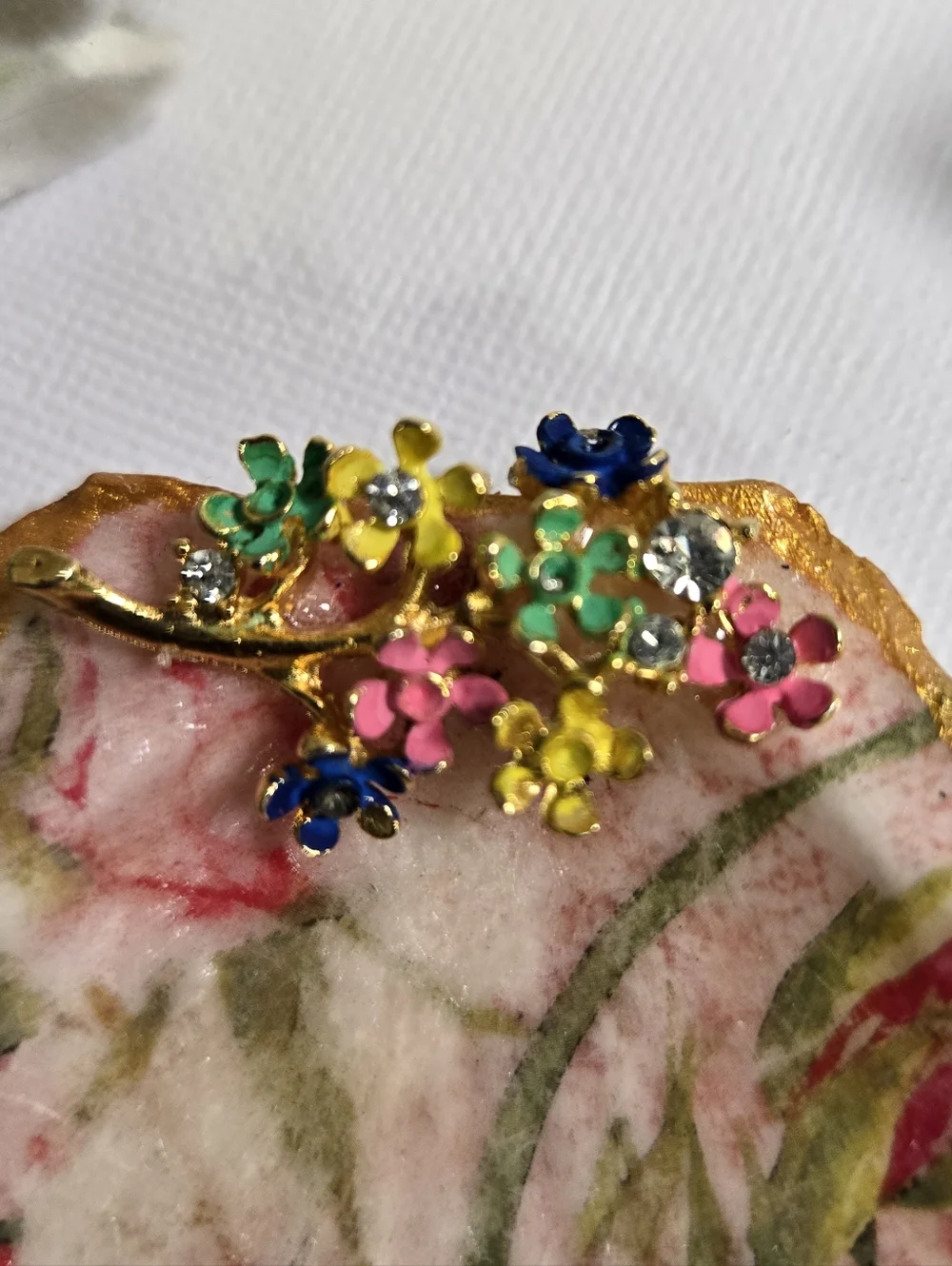 Hand Gilded Upcycled Jewelry Art Decoupage Shell Trinket Dish - Micro Florals